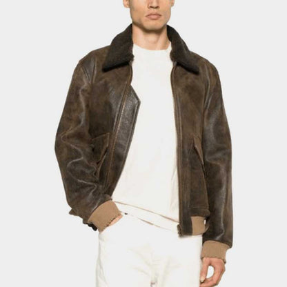 Men's Vintage Dark Brown Shearling Bomber Leather Jacket