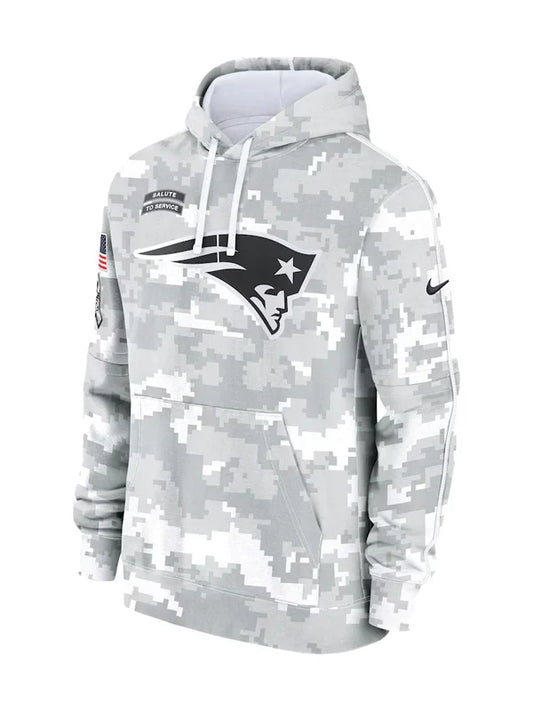 2024 New England Patriots Arctic Camo Salute to Service Hoodie Recreated Edition