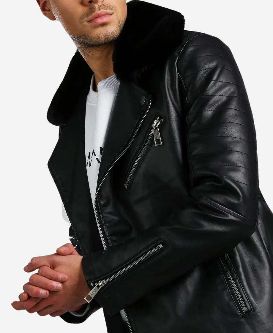 Men’s Leather Biker Jacket with Fur Collar