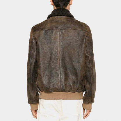 Men's Vintage Dark Brown Shearling Bomber Leather Jacket