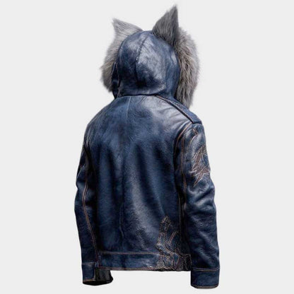 Men's Blue Wolf Ear Leather Jacket with Fur Hood