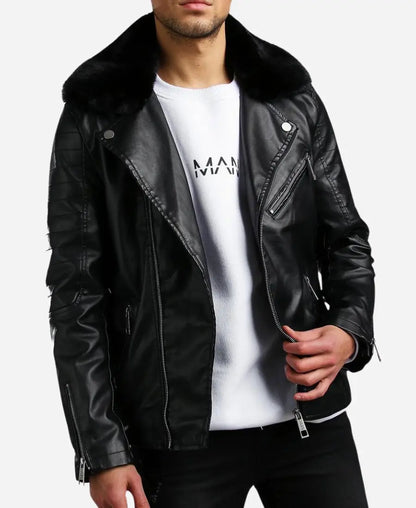 Men’s Leather Biker Jacket with Fur Collar