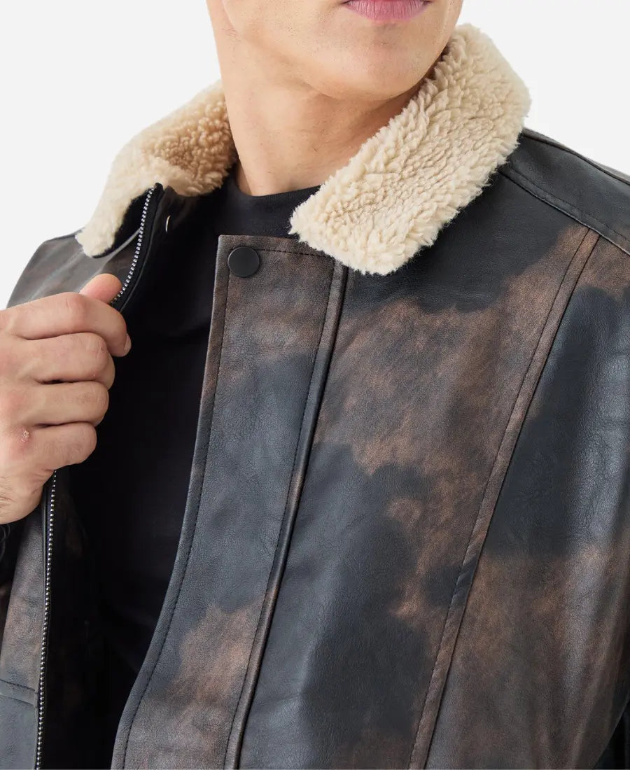 Men’s Sheepskin Distressed Brown Fur Collar Jacket - Rugged and Luxurious