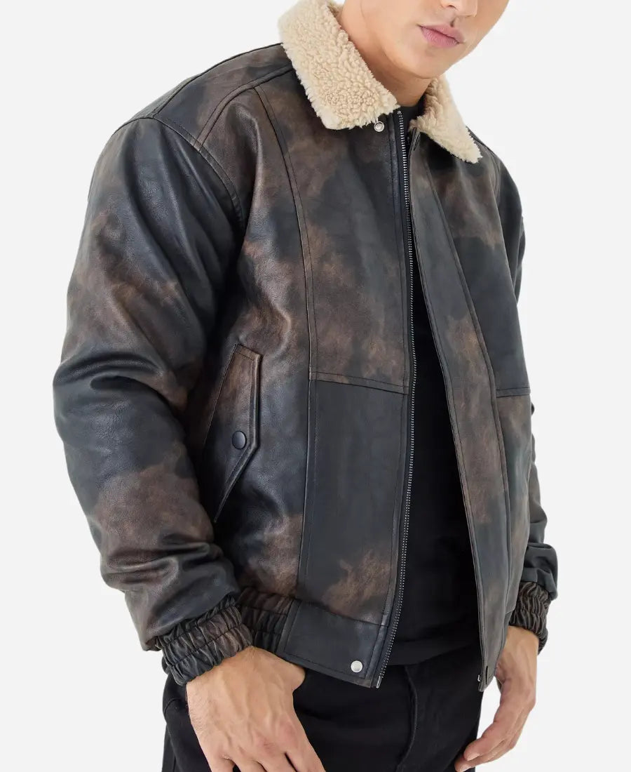 Men’s Sheepskin Distressed Brown Fur Collar Jacket - Rugged and Luxurious