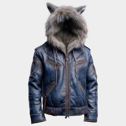 Men's Blue Wolf Ear Leather Jacket with Fur Hood