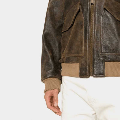 Men's Vintage Dark Brown Shearling Bomber Leather Jacket