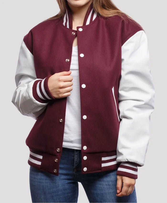 Women’s Maroon And White Varsity Lettermen Jacket